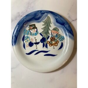 Winterland Christmas Plate Snowmen Tree Blue Snowflake Rim Collectible Dish